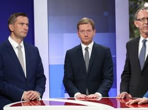 Die Politiker Martin Dulig (SPD), Michael Kretschmer (CDU), Jörg Urban (AfD) bei einer Wahlveranstaltung
