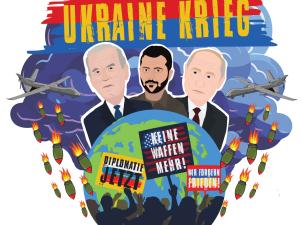 Grafik zum Krieg in der Ukraine: Biden, Selenskyj und Putin sind hinter dem Planeten, über dem sich mit dem Krieg eine dunkle Sturmwolke zusammenzieht. Bomben aus Kriegsflugzeugen und Drohnen regnen auf die Erde herab. Die besorgten Demonstranten auf der Erde halten Transparente mit den Aufschriften "Keine weiteren Waffen", "Diplomatie jetzt" und "Wir fordern Frieden".