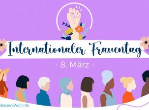 Weltfrauentag - Eine farbenfrohe Grafik zum Internationalen Frauentag mit verschiedenen Frauenfiguren und erhobener Faust auf lila Hintergrund.