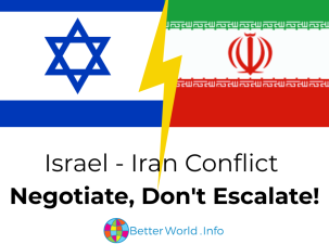 Grafik zum Israel-Iran-Konflikt, erstellt von Better World Info. Die beiden Flaggen Israels und des Iran sind mit einem gelben Blitz dazwischen dargestellt, der Spannung und Feindseligkeit symbolisiert. Unter dem Bild steht der Text: „Israel-Iran-Konflikt. Verhandeln, nicht eskalieren!“