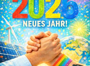 Grafik von Bessere Welt Info - Bunte Neujahrsgrüße für 2026, mit Händen, die sich halten, über einem Hintergrund mit Solarzellen und Windkraftanlagen. Feuerwerk in der Luft. - Design: Vincent Geischläger