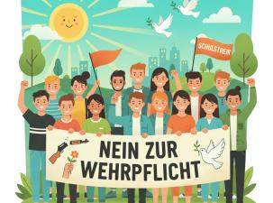 Eine Gruppe Jugendlicher hält ein Banner auf dem "Nein zur Wehrpflicht" steht. Links ein zerbrochenes Gewehr und eine Hand, die eine Blume hält. Rechts eine weiße Taube mit Olivenzweig im Schnabel. Im Hintergrund eine Fahne mit der Aufschrift "Schulstreik" und weitere Friedenstauben. Das Wetter ist schön und die Jugendlichen sind fröhlich bei ihrer Demo. - Bildrechte: Bessere Welt Info, CC BY-SA 4.0 (mit Ki erstellt).