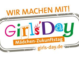 Logo für den Girls' Day mit bunten Buchstaben und dem Slogan "Wir machen mit!" in orangefarbenem Text.