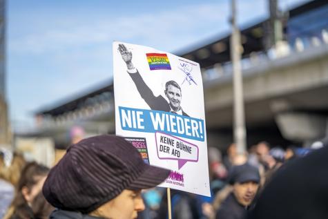 Eine Anti-AfD Demo mit einem Plakat gegen Höcke