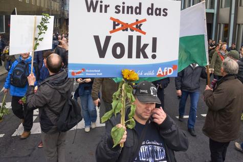 Eine AfD-Demo; vorn ein Mann mit einem AfD-Plakat