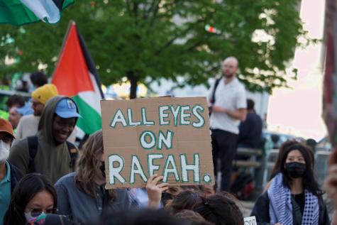 Eine Pro-Palästina Demo mit mehreren Fahnen und Schildern