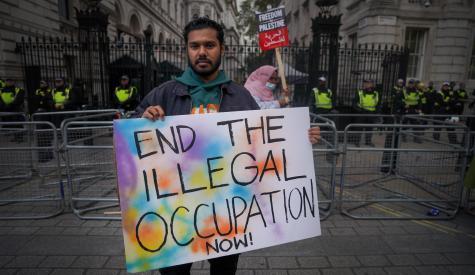 Ein Pro-Palästina-Demonstrant auf einer Demo mit Schild